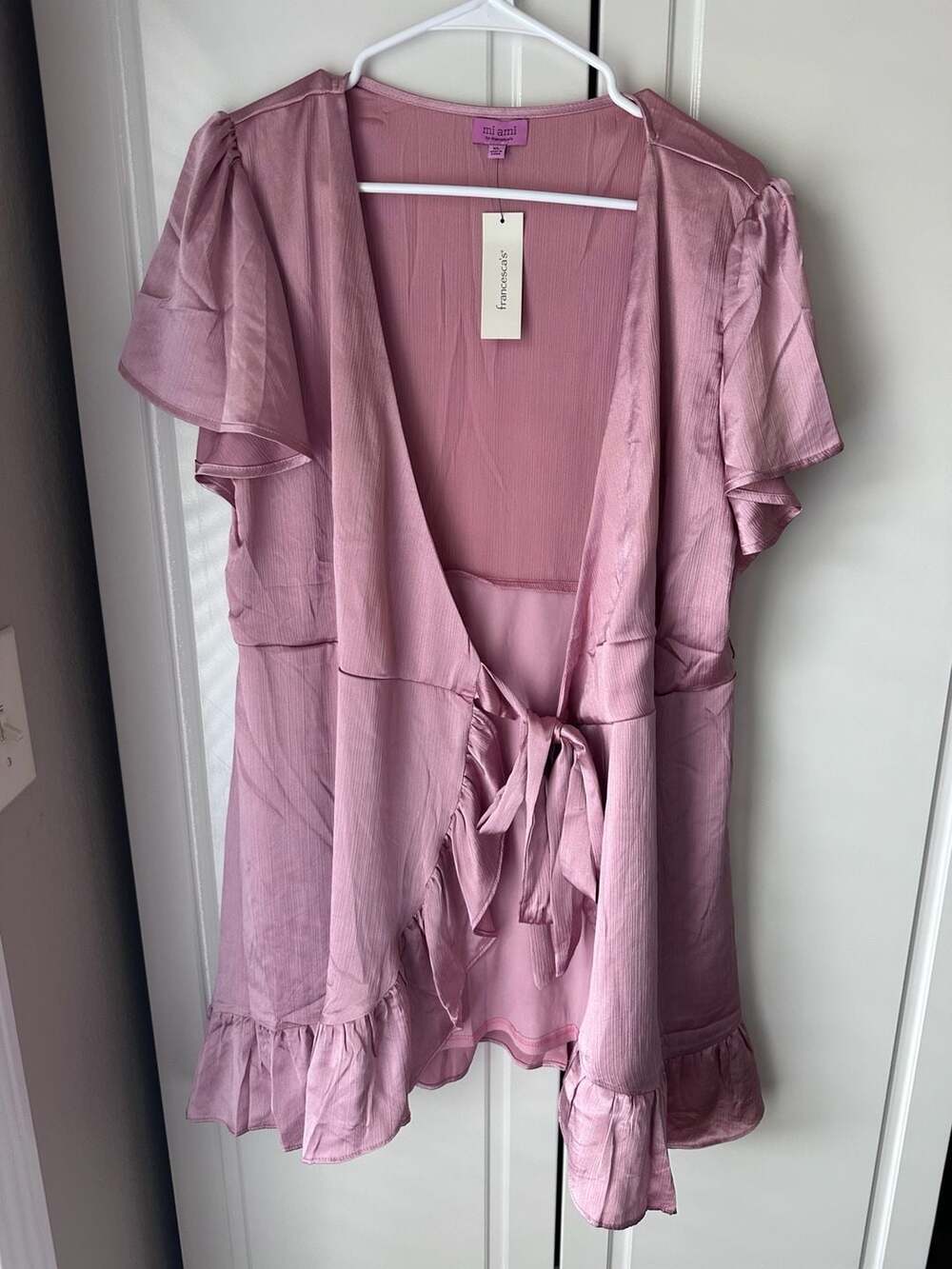 Francesca's Mi Ami Wrap Tie Ruffle Dress Size XL Mauve Satin Flutter
